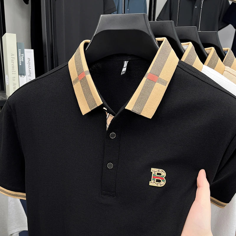 Verão masculino golfe moda 2025 camisa polo de manga curta design high-end requintado gelo seda bordado respirável camiseta