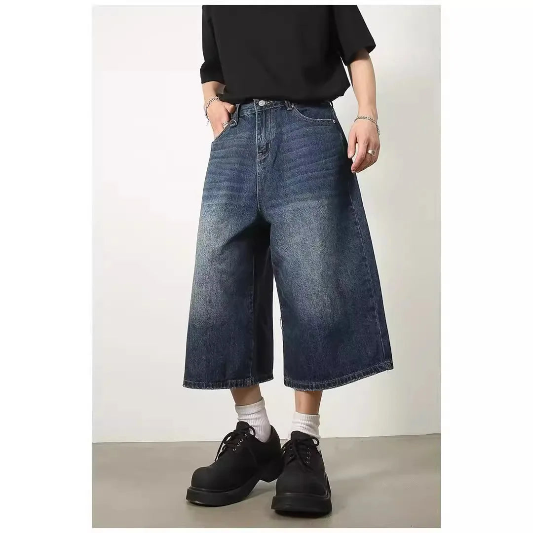 Shorts Jeans Baggy Vintage Y2K de Cintura Alta com Perna Larga para Mulheres e Homens - Moda Oversize na Altura do Joelho