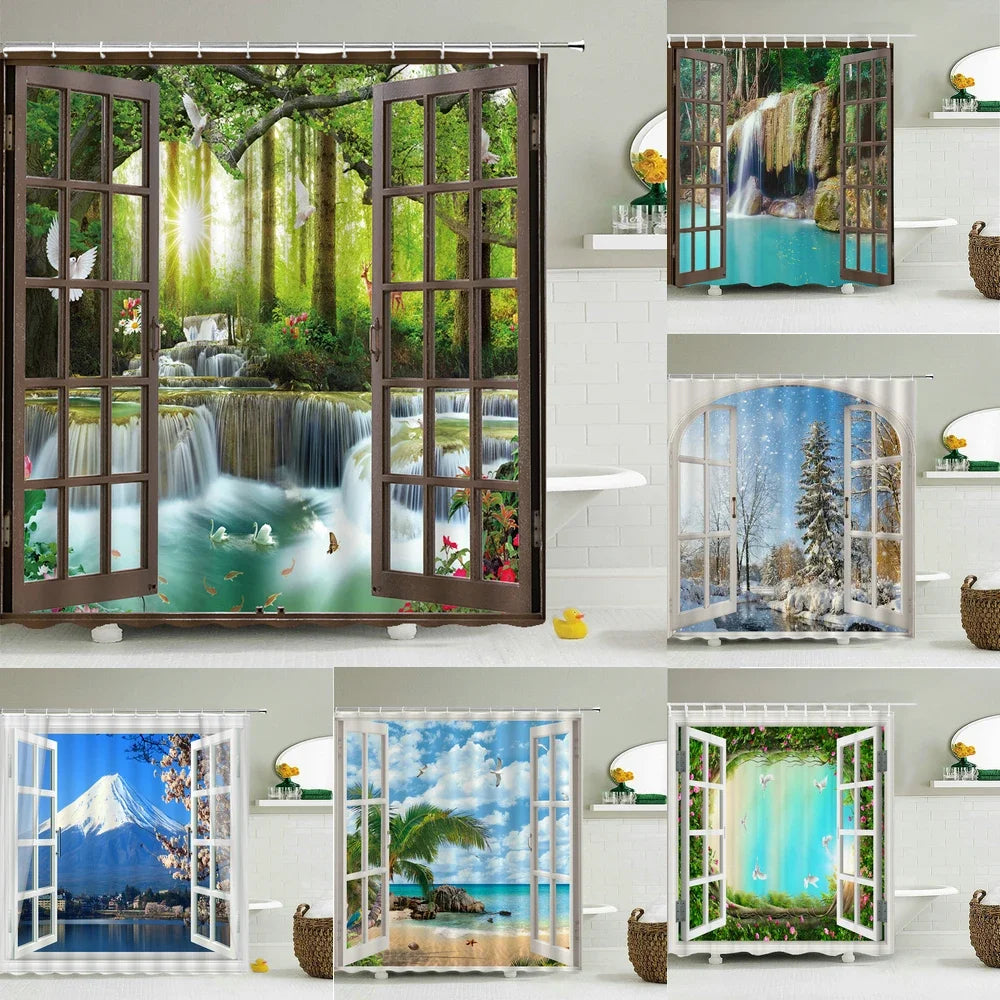 Cortina de banho 3d impressão janela cenário floresta cortinas de chuveiro 180*200cm à prova dwaterproof água cortina do banheiro tecido lavável com ganchos
