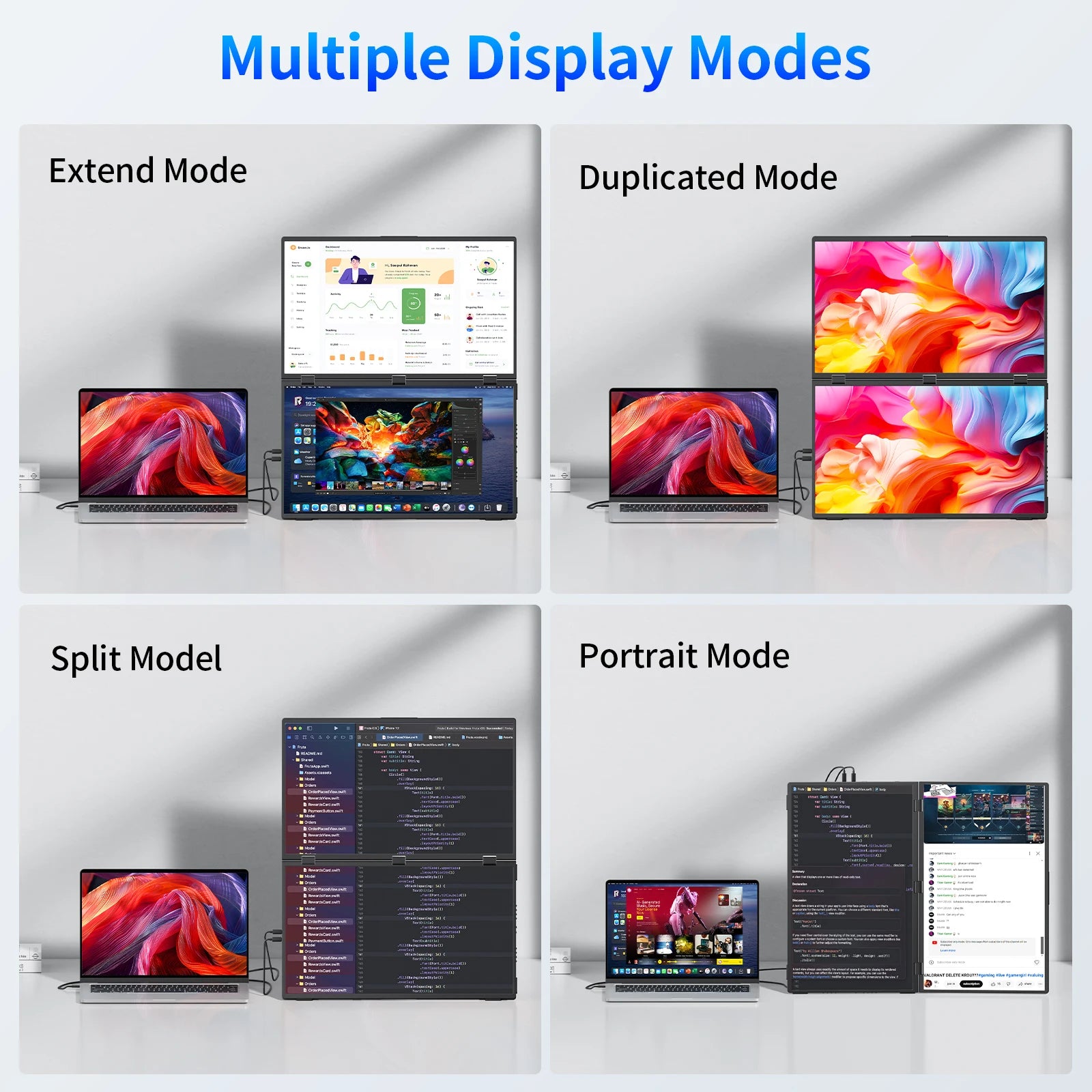 Monitor Portátil Duplo Amoudo de 18,5 polegadas 1080P FHD, Extensor de Tela para Laptop, Monitores Duplos Dobráveis Empilháveis para Laptop, PC, Windows, Mac