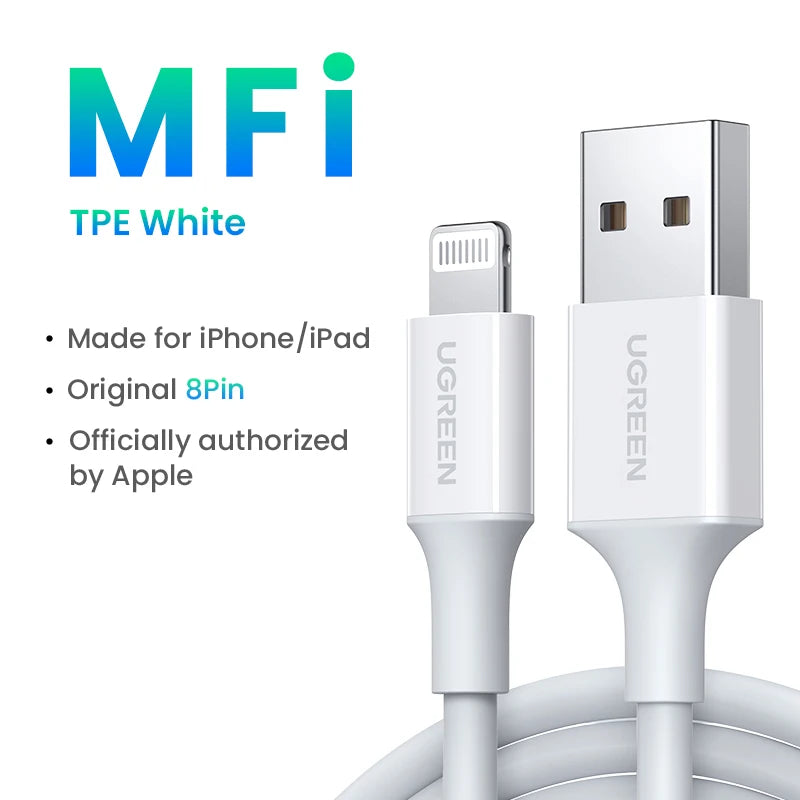 Ugreen mfi usb para cabo relâmpago para iphone 14 13 12 pro max 2.4a carregamento rápido para iphone para ipad telefone dados usb um cabo