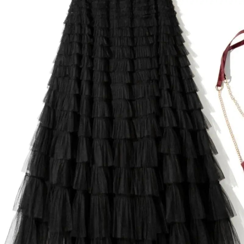 Saia de Camadas em Tule Estilo Princesa com Cintura Elástica, Vestido Longo Estilo Coreano, Saia Midi de Cintura Alta em Teci...