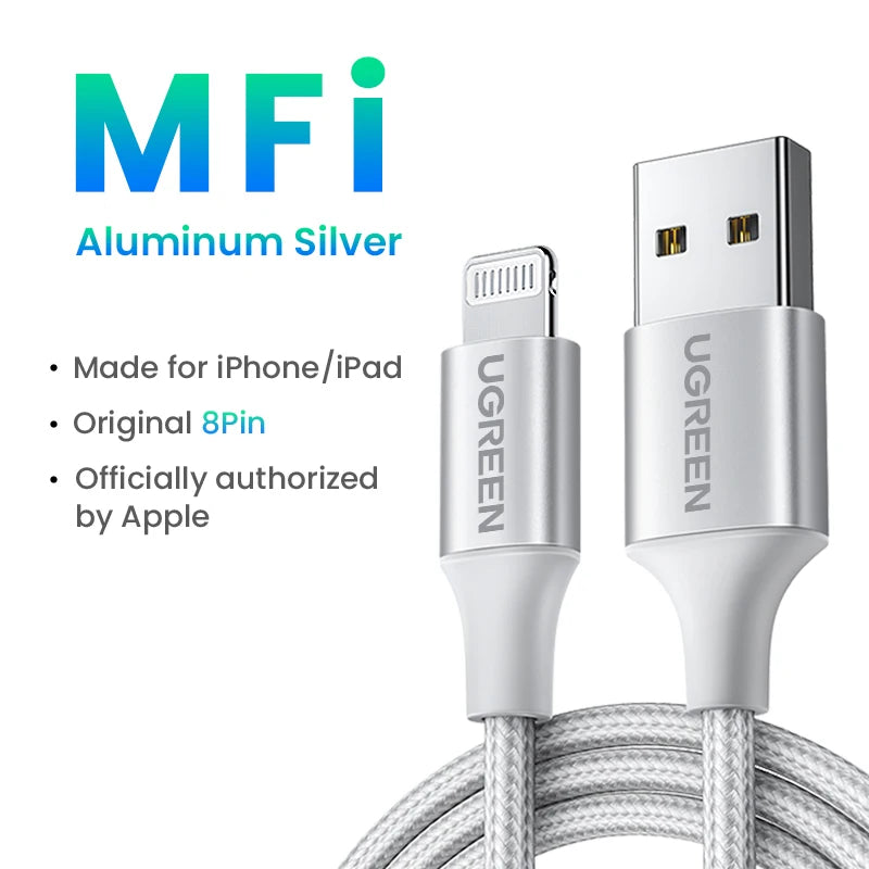 Ugreen mfi usb para cabo relâmpago para iphone 14 13 12 pro max 2.4a carregamento rápido para iphone para ipad telefone dados usb um cabo