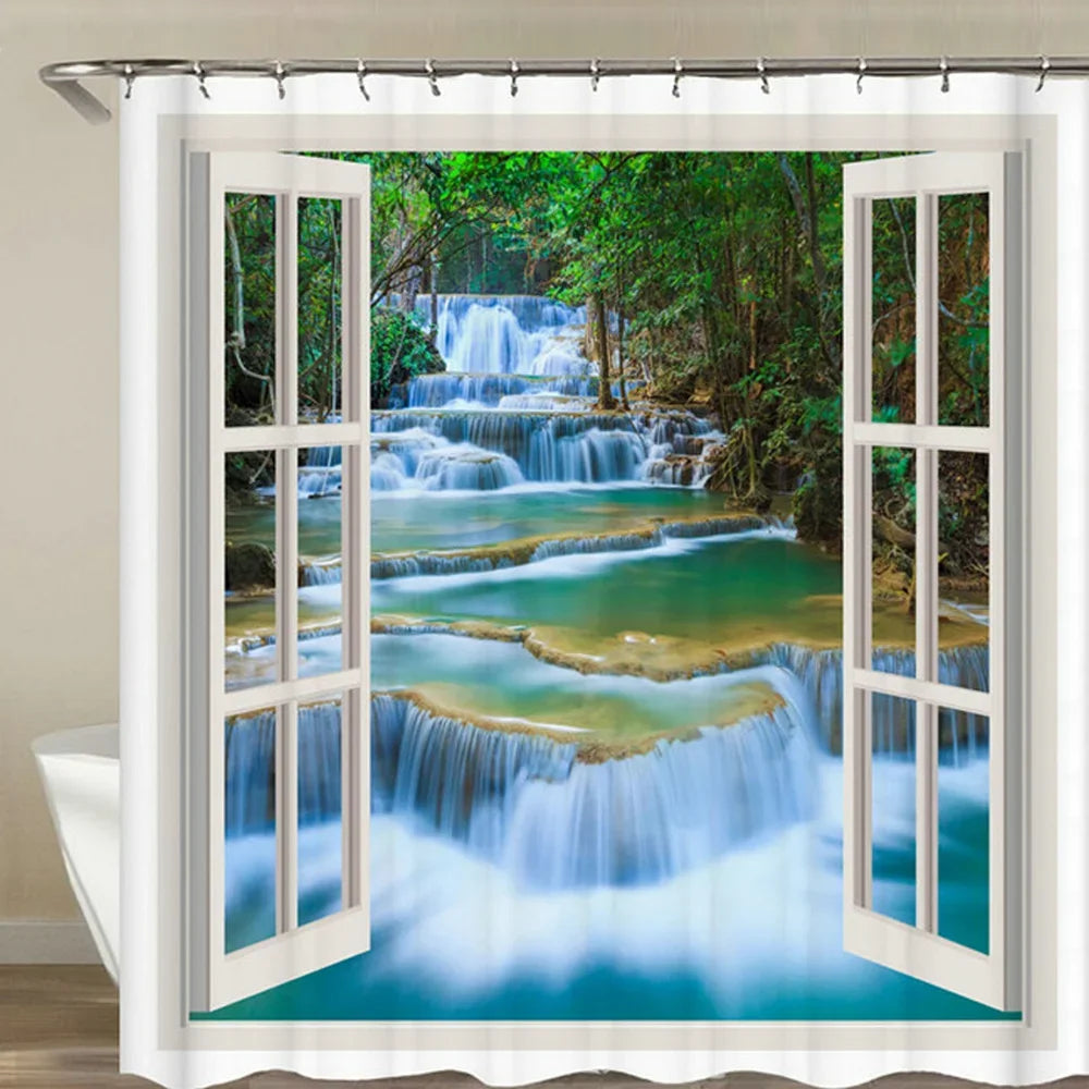 Cortina de banho 3d impressão janela cenário floresta cortinas de chuveiro 180*200cm à prova dwaterproof água cortina do banheiro tecido lavável com ganchos
