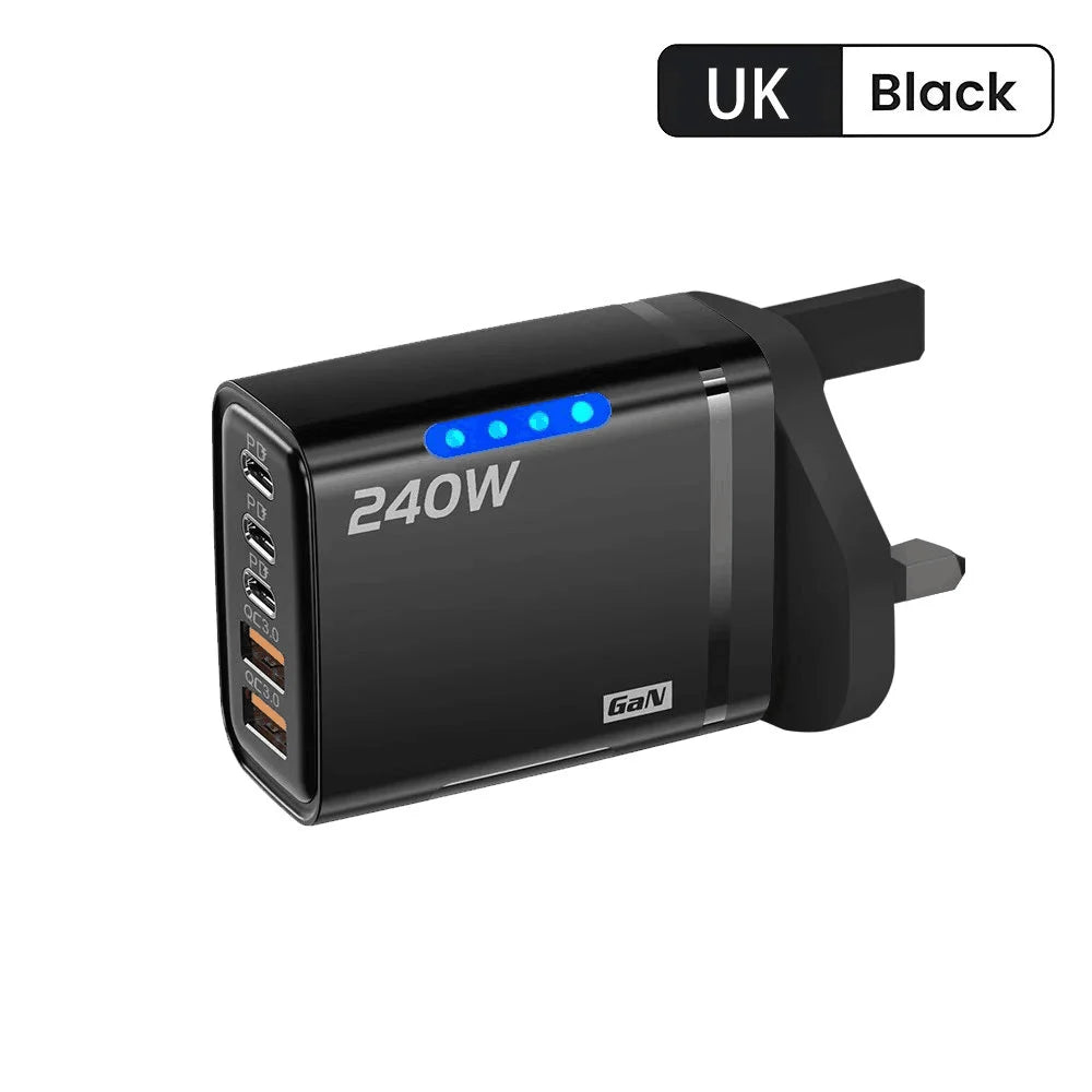 Carregador de Mesa USB C GaN 240W 5 em 1, Adaptador de Carregamento Rápido para Telefone, Cabo Tipo C 10A para iPhone, Samsung, Xiaomi, Carregador com Plugue EU/US/UK