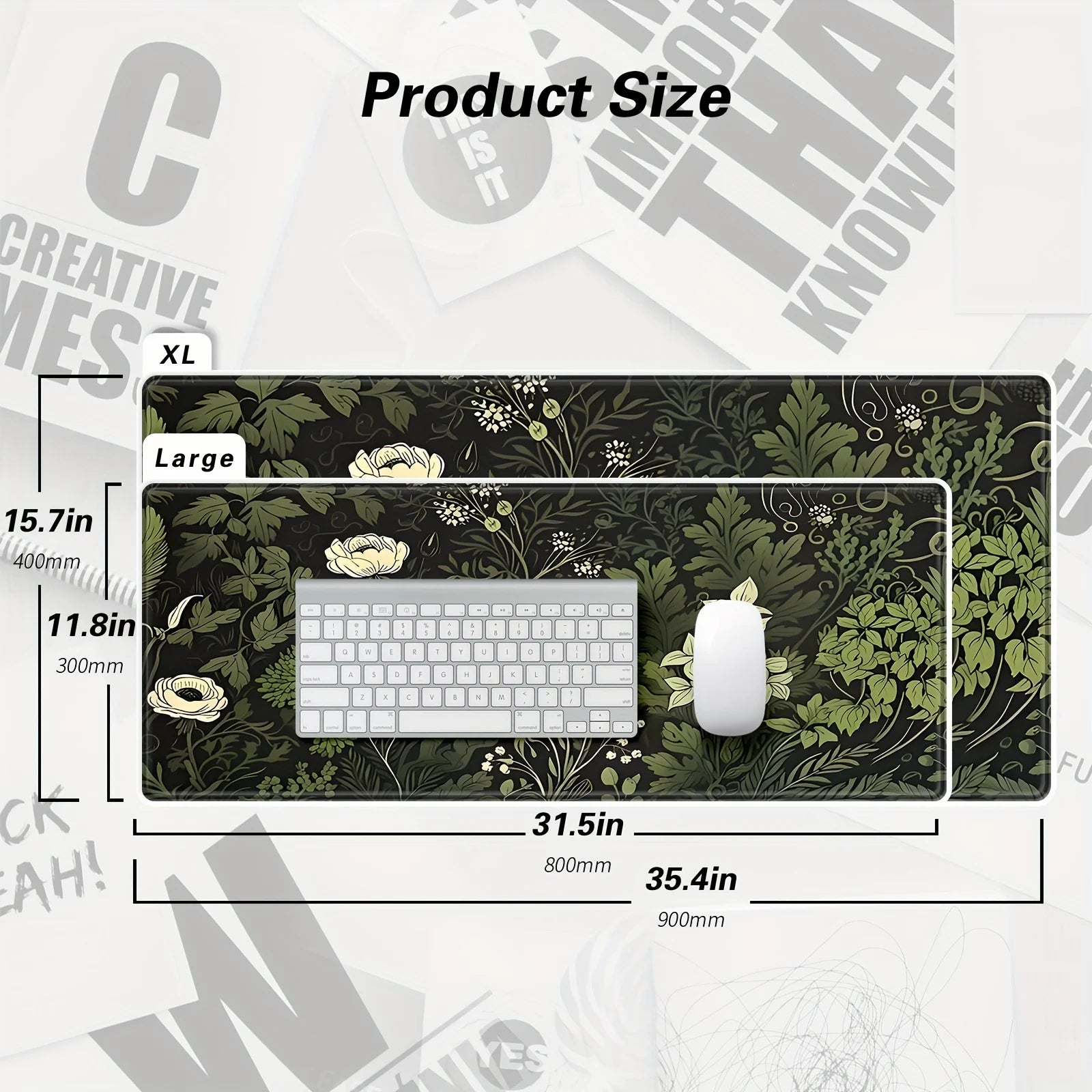 Tapete de mouse com planta floral verde botânica, tapete de mesa grande, acessórios de jogos antiderrapantes, bordas costuradas para escritório e casa