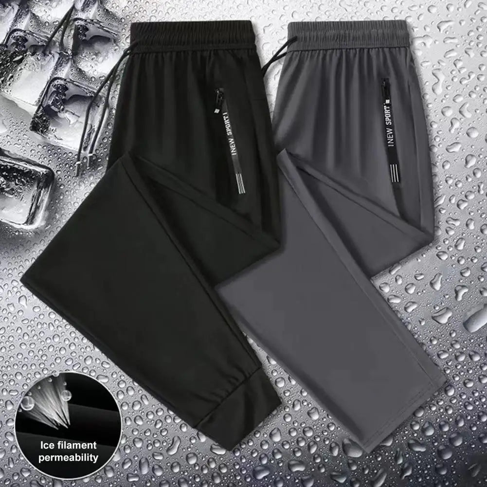 Calça esportiva de seda gelo masculina, malha, secagem rápida, de tornozelo, respirável, casual, fina, solta, elástica, verão