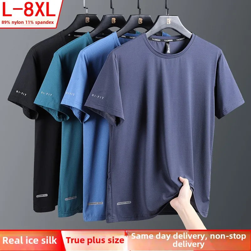 Camisetas masculinas de seda gelo de alta qualidade plus size 8xl camiseta masculina gorda camiseta respirável vestindo camisetas correndo transporte rápido