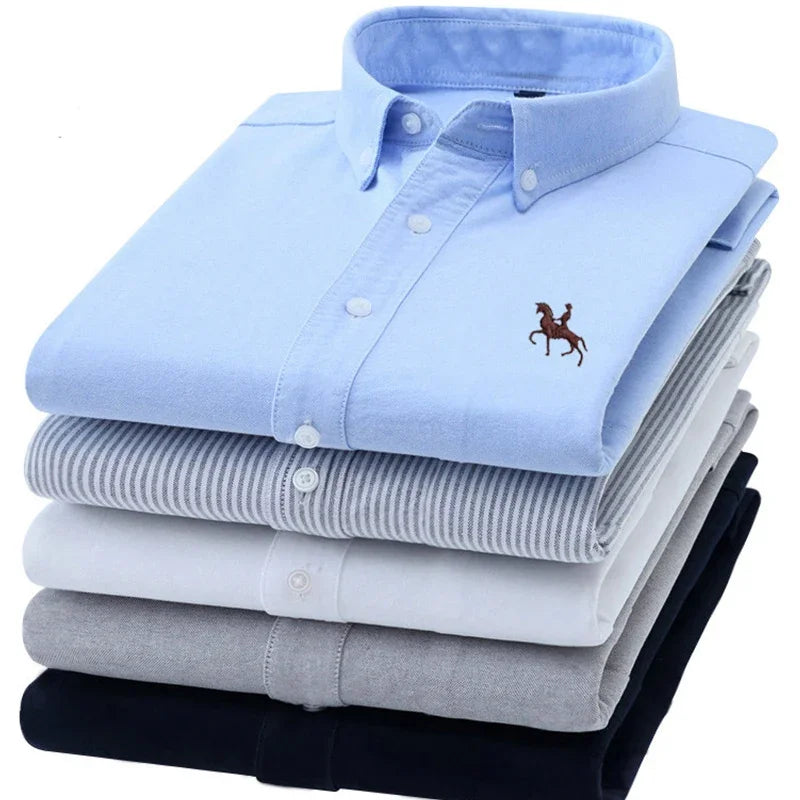 Casual puro algodão oxford camisas masculinas manga longa bordado cavalo design regular ajuste moda botão homem vestido branco camisa