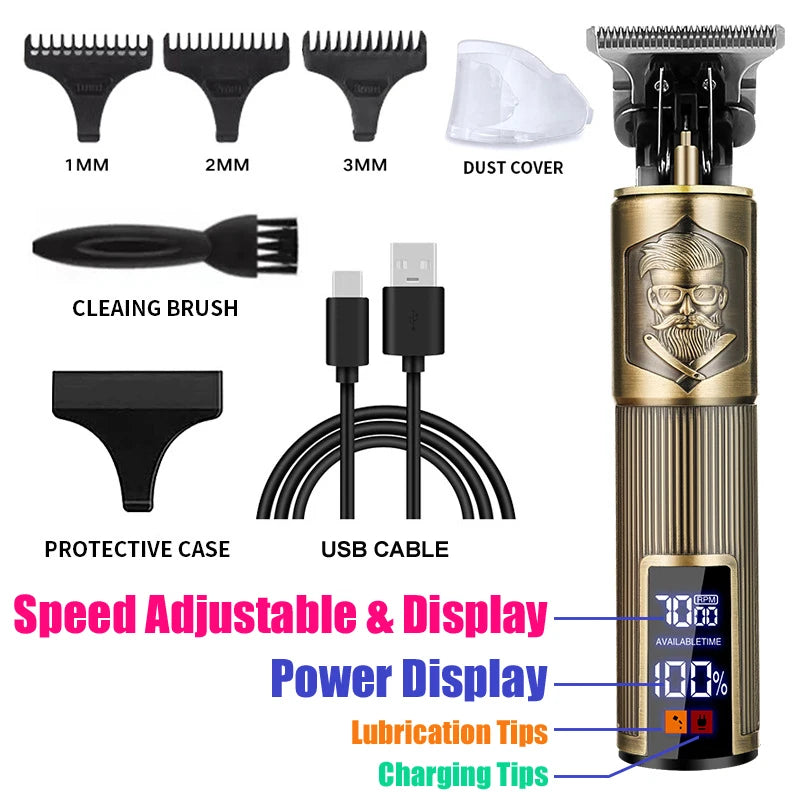 Aparador de cabelo de metal recarregável para homens, Carving Hair Clipper, Máquina de corte profissional do barbeiro