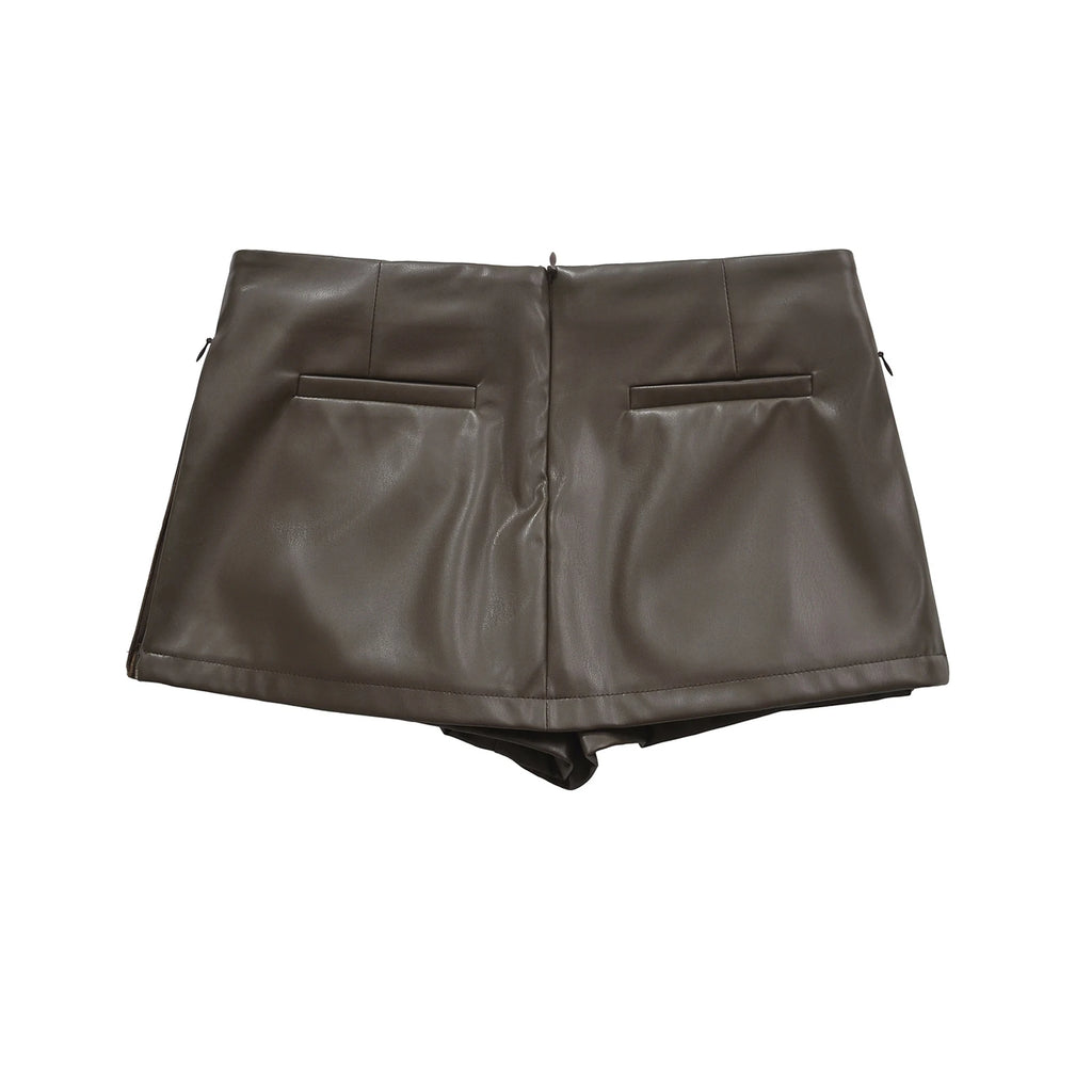 Mini saias de couro falso elegante moda coreana preto saias do plutônio para mulher saia de cintura baixa zip up saia dividida com shorts marrom