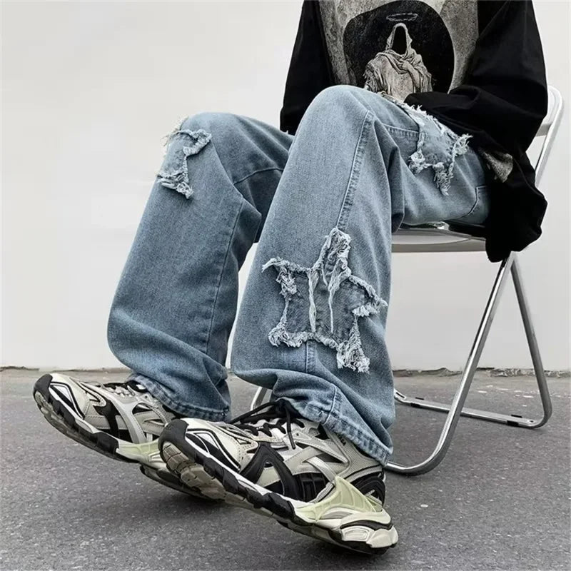 2025 nova moda estrelas toalha bordado marrom calças jeans masculinas y2k roupas retas hip hop calças de algodão pantalon homme
