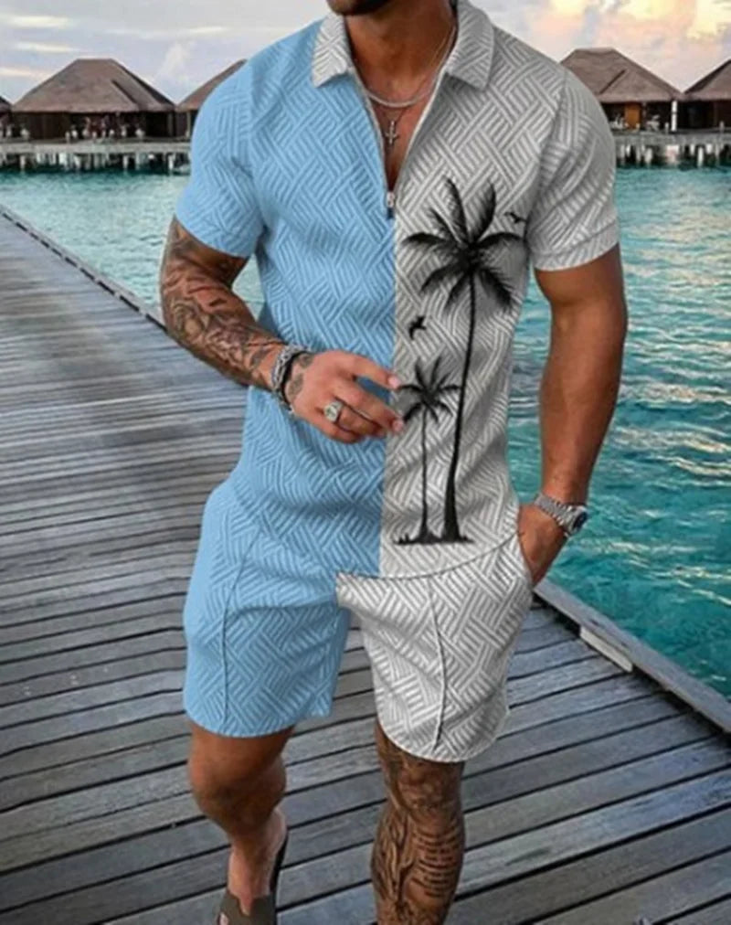 Agasalho de verão masculino terno esportivo conjunto 3d impresso casual manga curta t camisa lapela zip polo roupas masculinas jogging