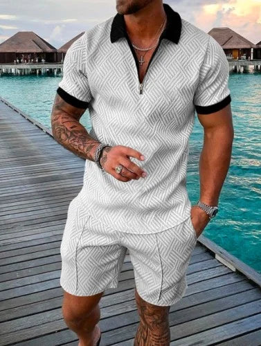 Agasalho de verão masculino terno esportivo conjunto 3d impresso casual manga curta t camisa lapela zip polo roupas masculinas jogging