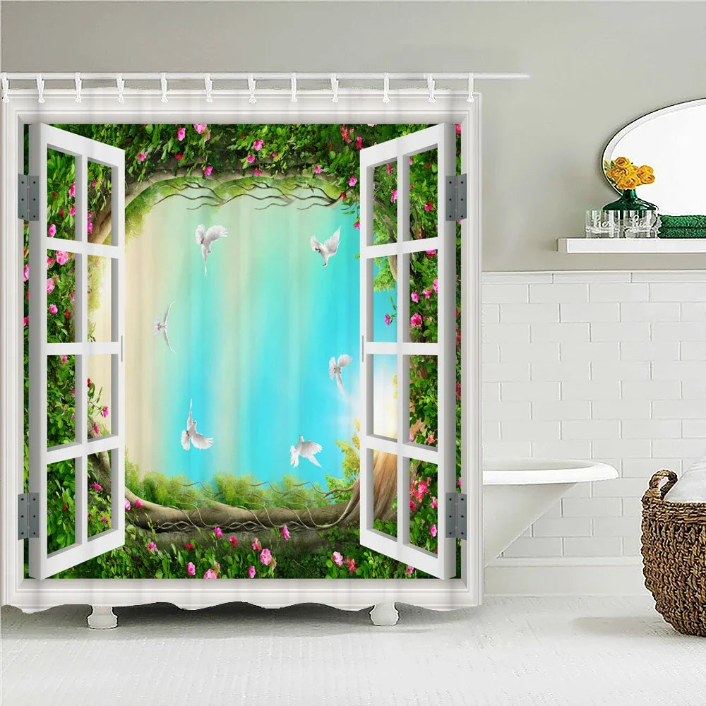 Cortina de banho 3d impressão janela cenário floresta cortinas de chuveiro 180*200cm à prova dwaterproof água cortina do banheiro tecido lavável com ganchos