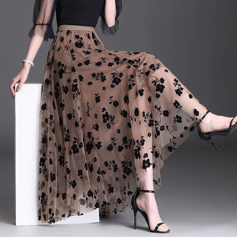 Mulheres coreanas saia de tule moda verão gancho floral solto midi saia elegante feminino casual todos os jogos saias de malha novo