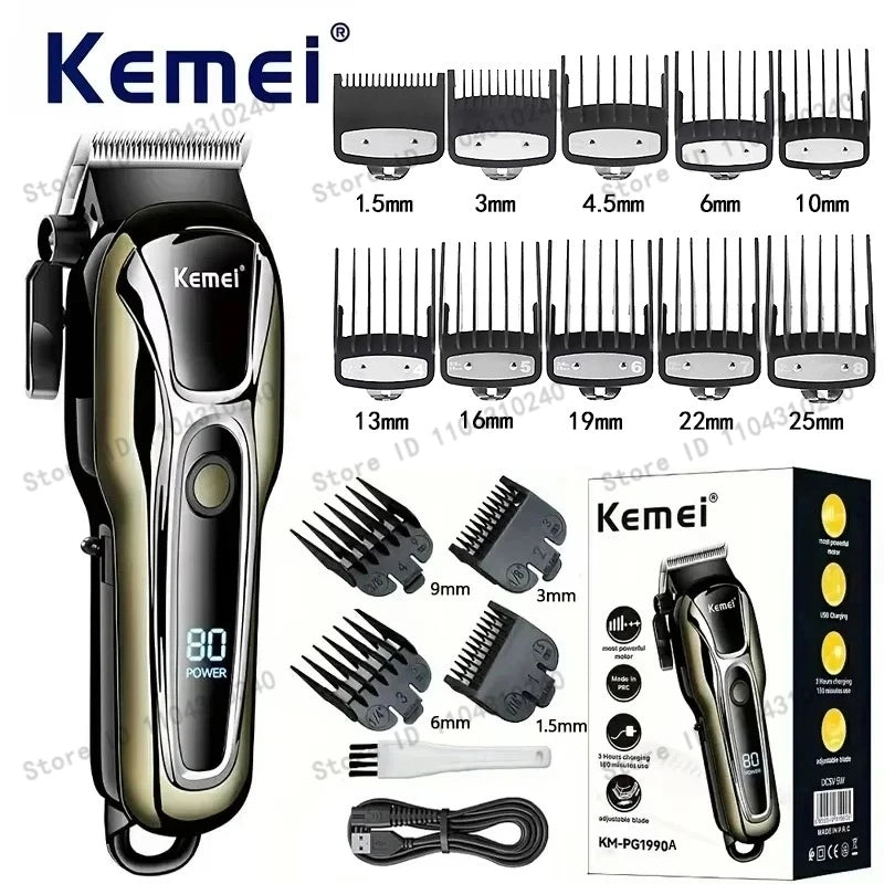 Máquina de Cortar Cabelo Elétrica Multifuncional Kemei Km-PG1990A, Aparador Recarregável Profissional com Cabeça Ajustável
