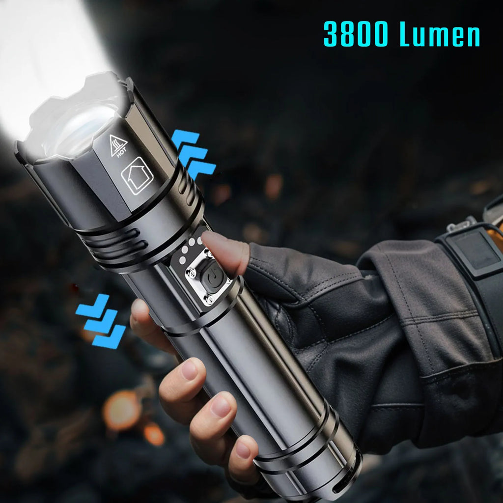 Lanterna LED de luz forte de alta potência com zoom USB recarregável com tocha externa de liga de alumínio ultrabrilhante de longo alcance