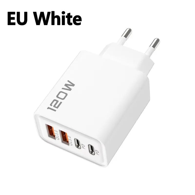 Carregador de 4 portas 120W com Quick Charge 3.0, USB C PD Tipo C, carregador de celular com carregamento rápido para iPhone, Samsung, Xiaomi, Huawei