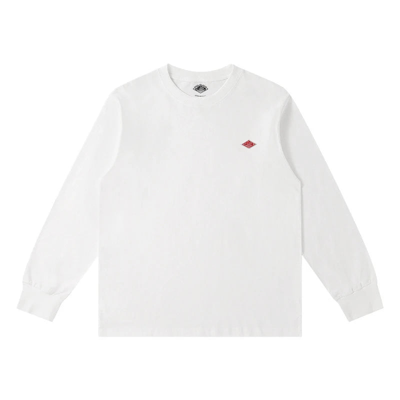 Primavera exportada para o japão estilo clássico moda sólida simples solta manga longa camiseta de algodão topo homem pequena ícone bordado t