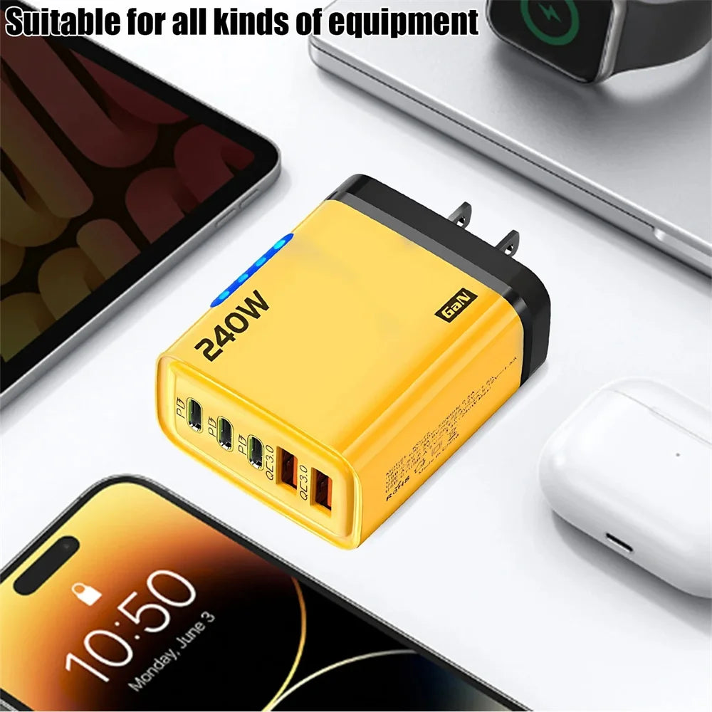 Carregador USB C GaN de 240W 5 em 1 com carregamento rápido para iPhone, Samsung, Xiaomi, Tipo C, adaptador de energia com plugue EU/US para tomada de parede.