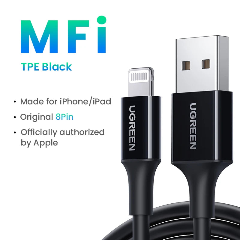 Ugreen mfi usb para cabo relâmpago para iphone 14 13 12 pro max 2.4a carregamento rápido para iphone para ipad telefone dados usb um cabo