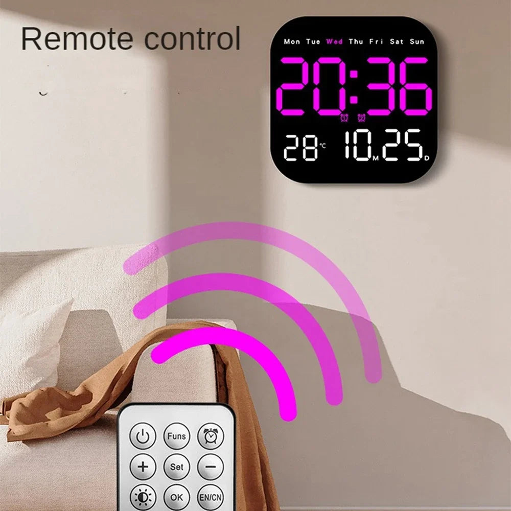 Relógio de parede digital com controle remoto, despertador LED, temperatura, data, exibição semanal, relógio de mesa eletrônico, 12 H, 24H
