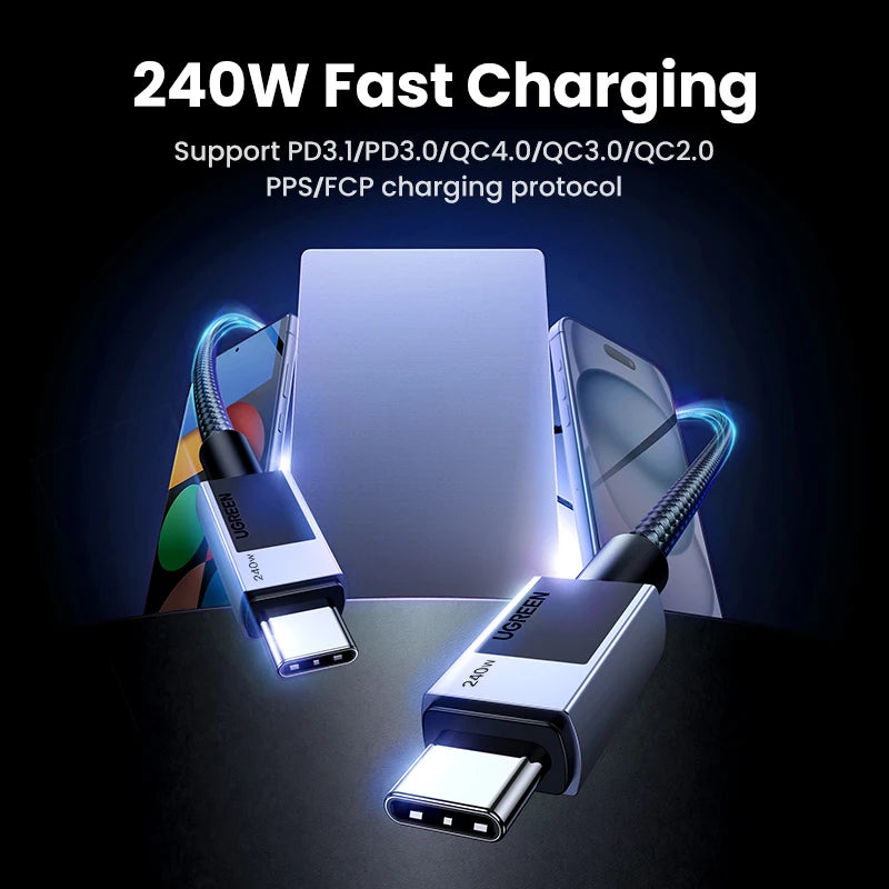 UGREEN PD 240W USB C para USB C Cabo PD3.1 Carga Rápida para MacBook Pro Air Laptop iPhone 17 16 15 Pro Samsung 5A PD Cabo de Carga