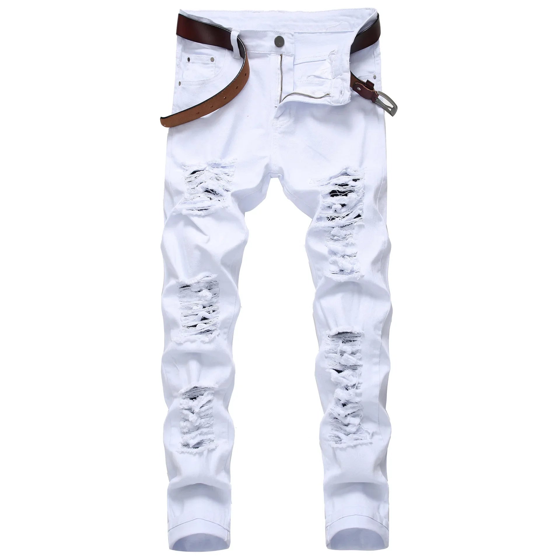 2025 Buraco Denim Calças Maré Marca dos homens Ruined Hole Jeans Sólido Slim All-match High Street Hip Hop Calças Vermelho Branco Tamanho Grande
