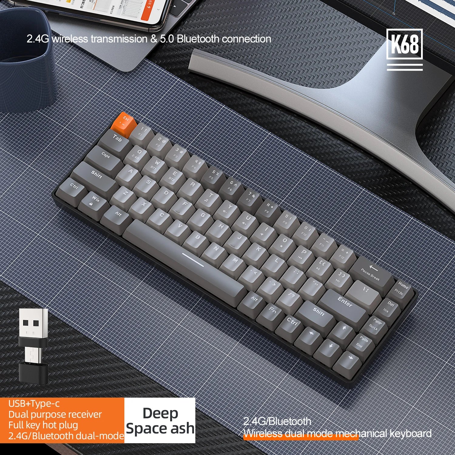 60% teclado mecânico sem fio bluetooth modo duplo hot-swap ziyoulang k68 mini teclado 68 teclas interruptor vermelho para pc/iphone ipad