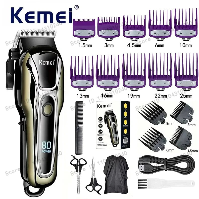 Máquina de Cortar Cabelo Elétrica Multifuncional Kemei Km-PG1990A, Aparador Recarregável Profissional com Cabeça Ajustável