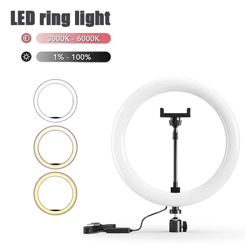 Anel de luz led para selfie, 10 polegadas, com suporte para telefone, regulável, 16-33cm, lâmpada de preenchimento, fotografia, anel de luz para vídeo vlog, lâmpada de preenchimento ao vivo