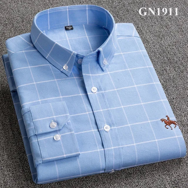 Casual puro algodão oxford camisas masculinas manga longa bordado cavalo design regular ajuste moda botão homem vestido branco camisa