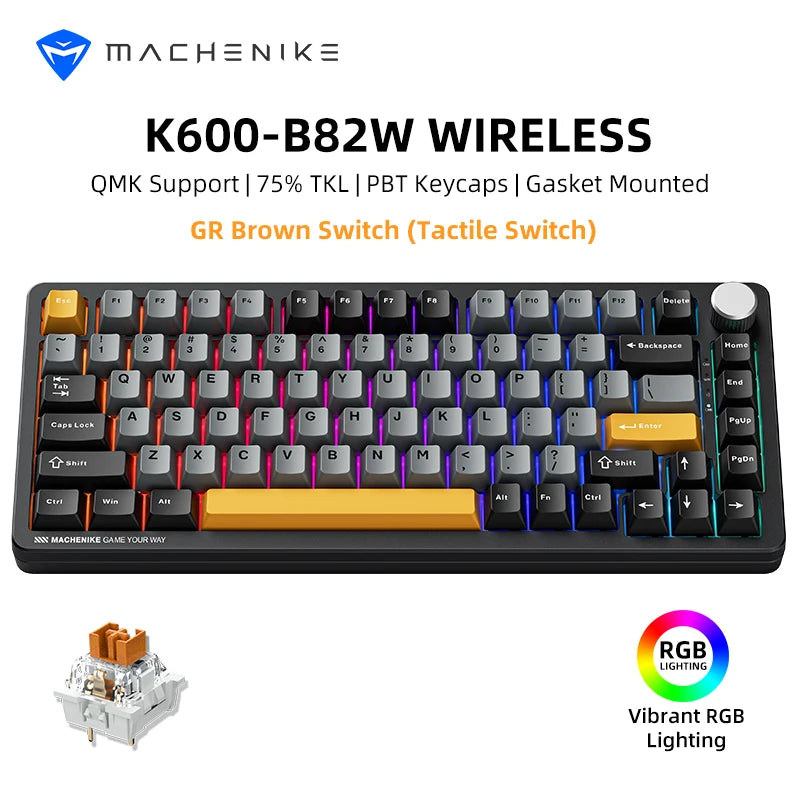 Machenike K600-B82W Teclado Mecânico Tri-Modes Junta Montada 75% ANSI Layout RGB Retroiluminado Teclado para Jogos Sem Fio
