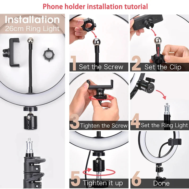 Anel de luz led para selfie, 10 polegadas, com suporte para telefone, regulável, 16-33cm, lâmpada de preenchimento, fotografia, anel de luz para vídeo vlog, lâmpada de preenchimento ao vivo