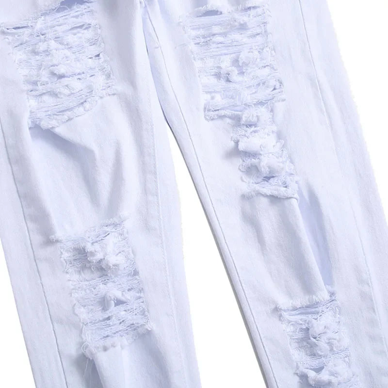 2025 Buraco Denim Calças Maré Marca dos homens Ruined Hole Jeans Sólido Slim All-match High Street Hip Hop Calças Vermelho Branco Tamanho Grande