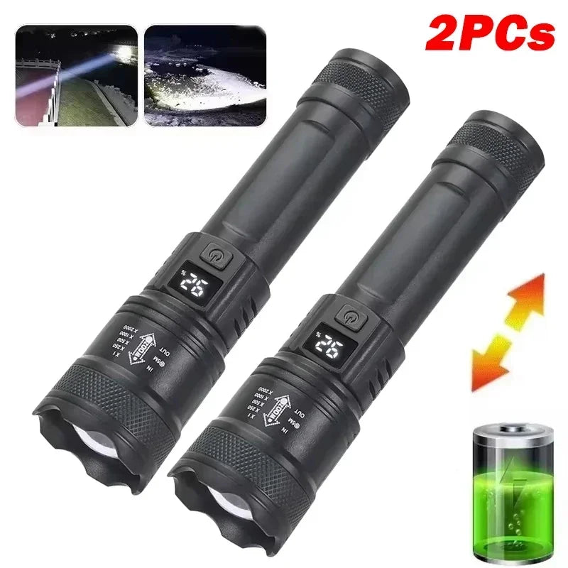 Lanternas LED de Alta Potência com Display, Tocha Tática, Luz de Display, Carregamento USB, Camping, Pesca, Defensa Zoom Lanterna, 300000LM
