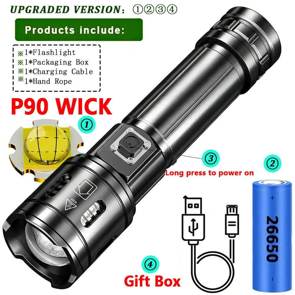 Lanterna LED de luz forte de alta potência com zoom USB recarregável com tocha externa de liga de alumínio ultrabrilhante de longo alcance