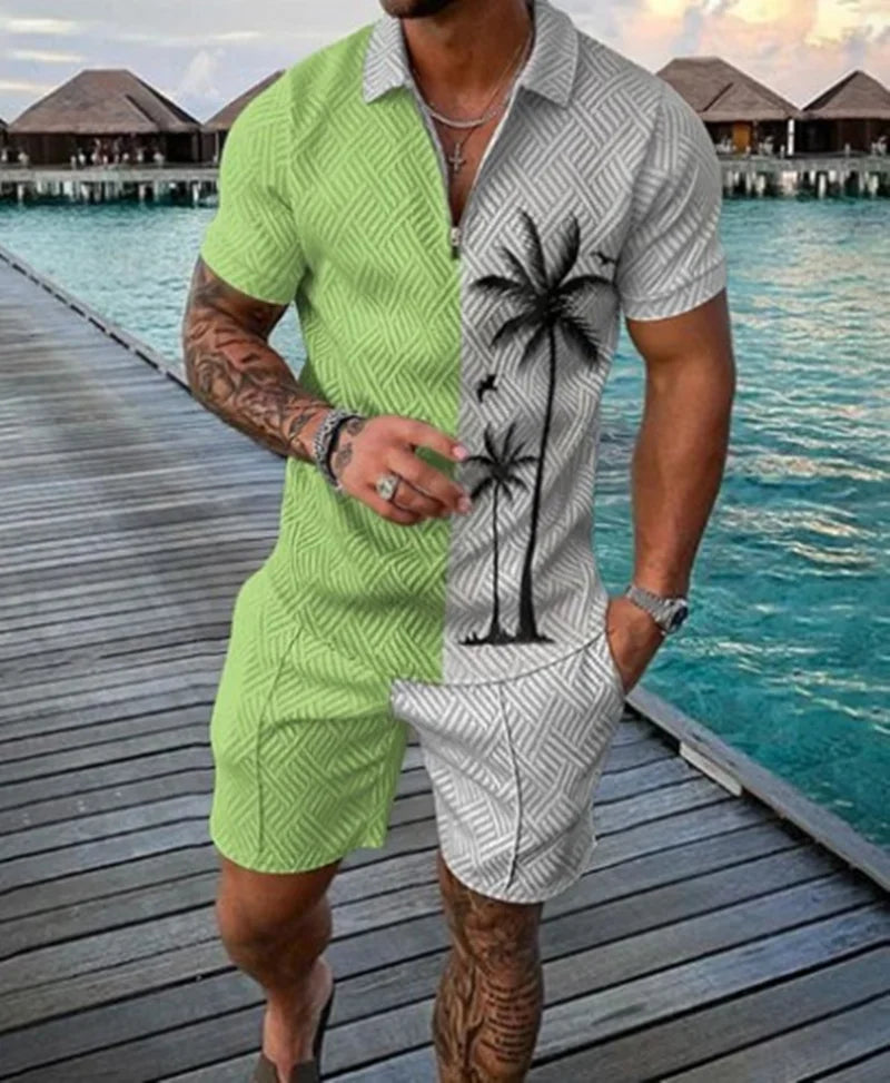 Agasalho de verão masculino terno esportivo conjunto 3d impresso casual manga curta t camisa lapela zip polo roupas masculinas jogging