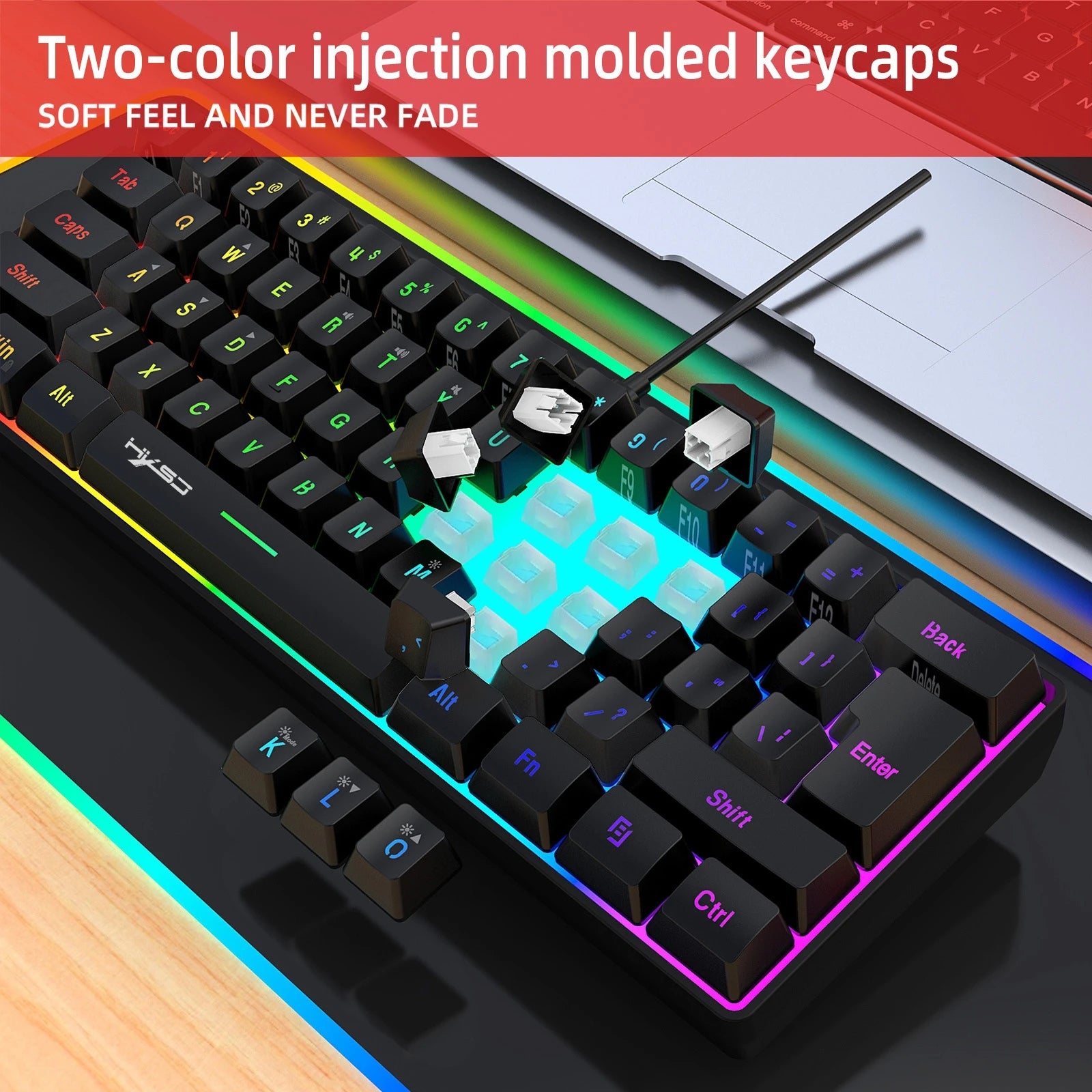 Teclado para jogos com fio 60%, mini teclado ultra compacto com luz de fundo RGB, teclado pequeno e compacto de 61 teclas à prova d'água para jogadores de PC/Mac
