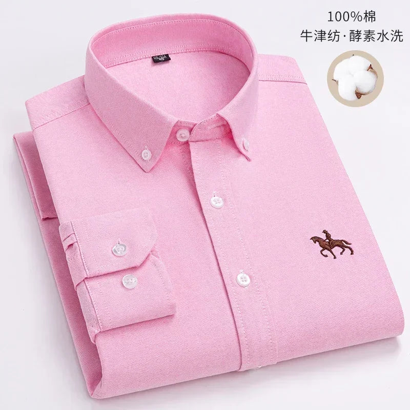Casual puro algodão oxford camisas masculinas manga longa bordado cavalo design regular ajuste moda botão homem vestido branco camisa