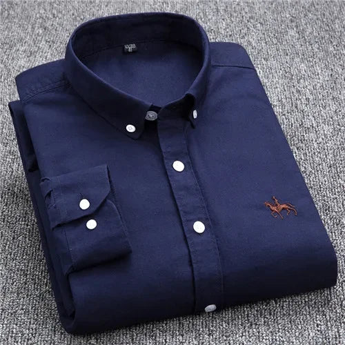 Casual puro algodão oxford camisas masculinas manga longa bordado cavalo design regular ajuste moda botão homem vestido branco camisa