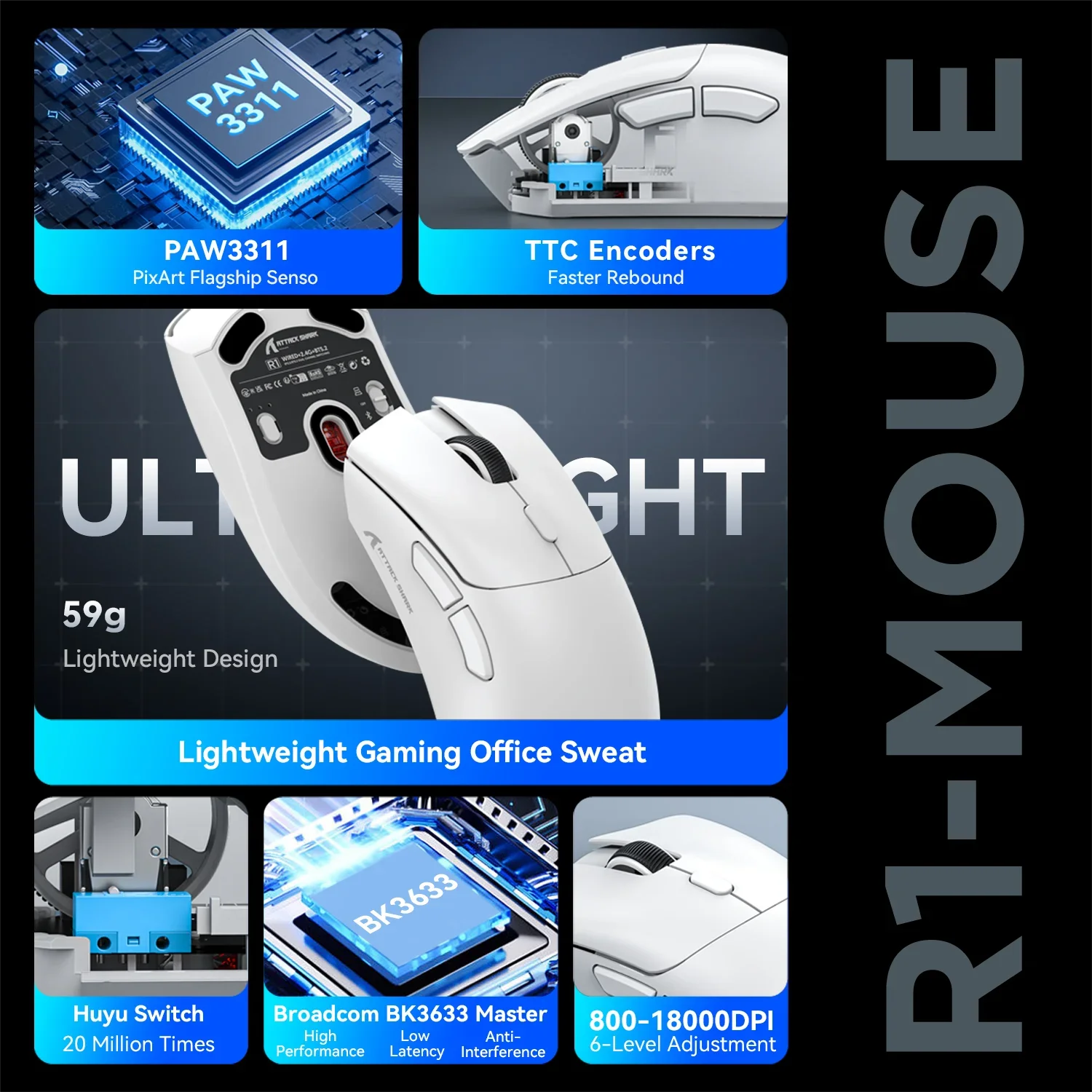Mouse Bluetooth Attack Shark R1 e fita adesiva R1 PAW3311 1K HZ Macro Gaming Mouse para lactop/pad/pc