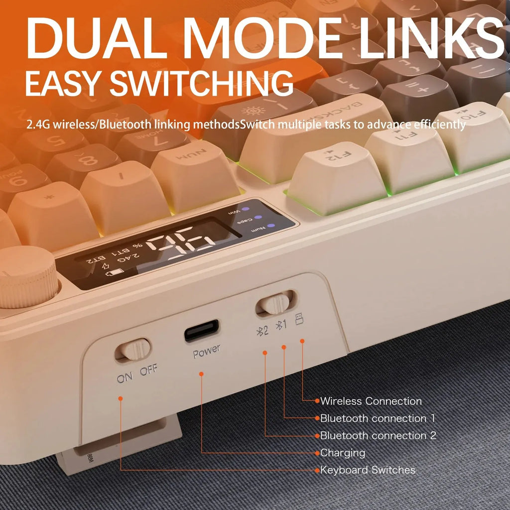 Teclado sem fio FreeWolf M96 com tela, teclado para jogos Bluetooth conexão de modo duplo, ligação multidispositivo, ergonômico