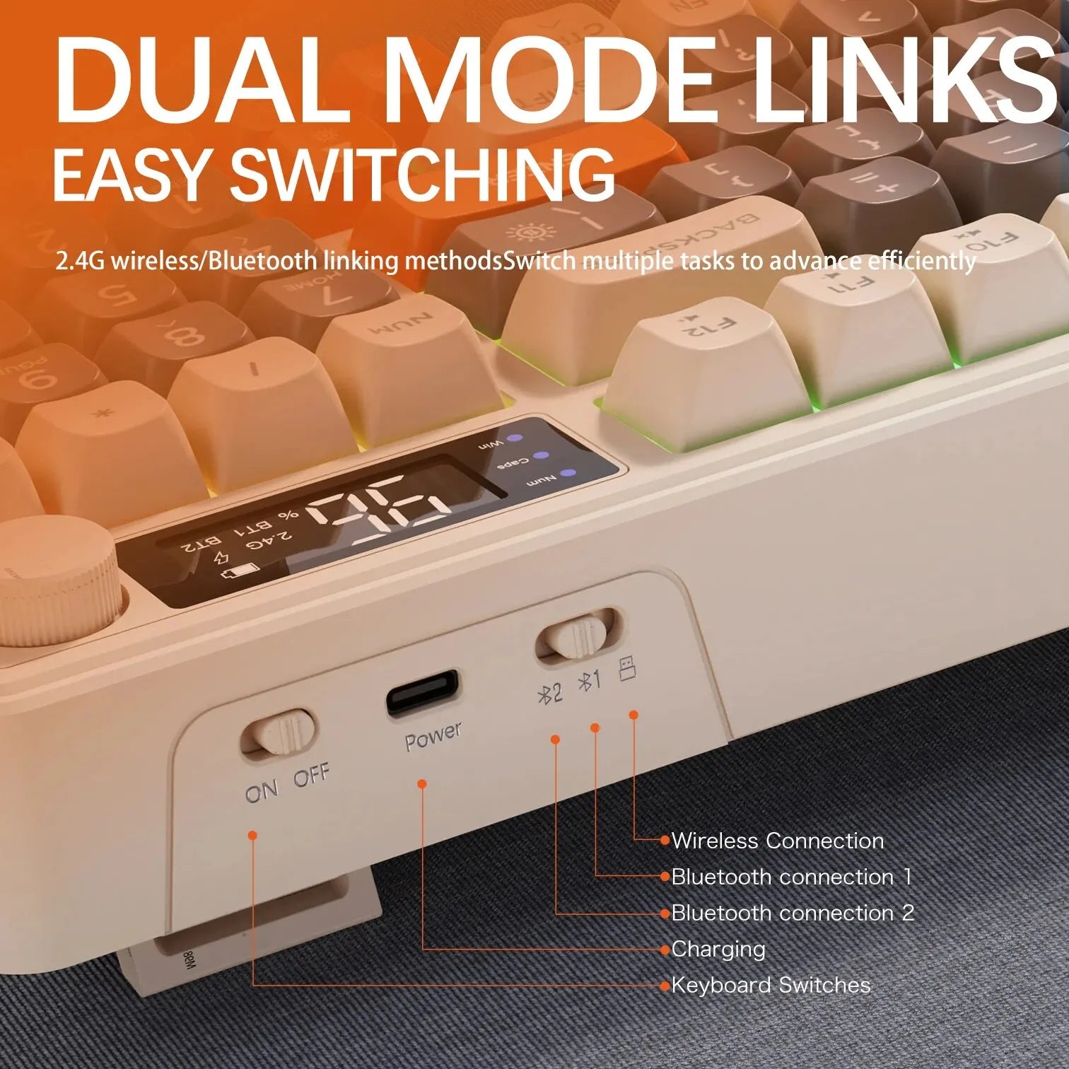 Teclado sem fio FreeWolf M96 com tela, teclado para jogos Bluetooth conexão de modo duplo, ligação multidispositivo, ergonômico