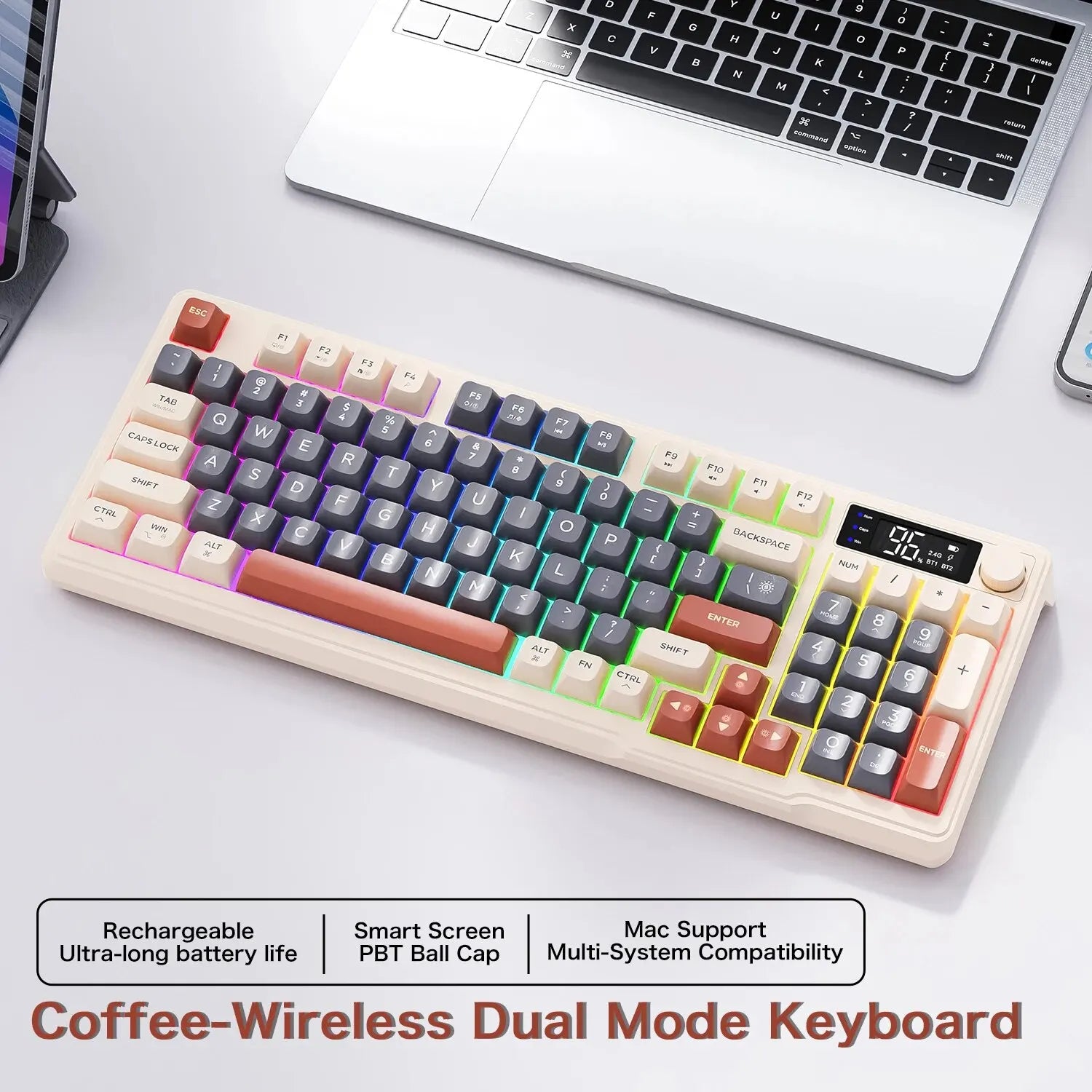 Teclado sem fio FreeWolf M96 com tela, teclado para jogos Bluetooth conexão de modo duplo, ligação multidispositivo, ergonômico