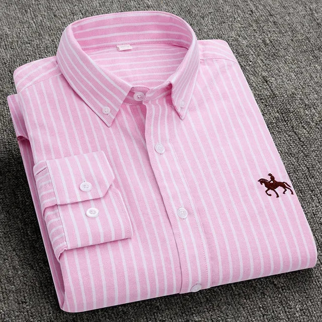 Casual puro algodão oxford camisas masculinas manga longa bordado cavalo design regular ajuste moda botão homem vestido branco camisa