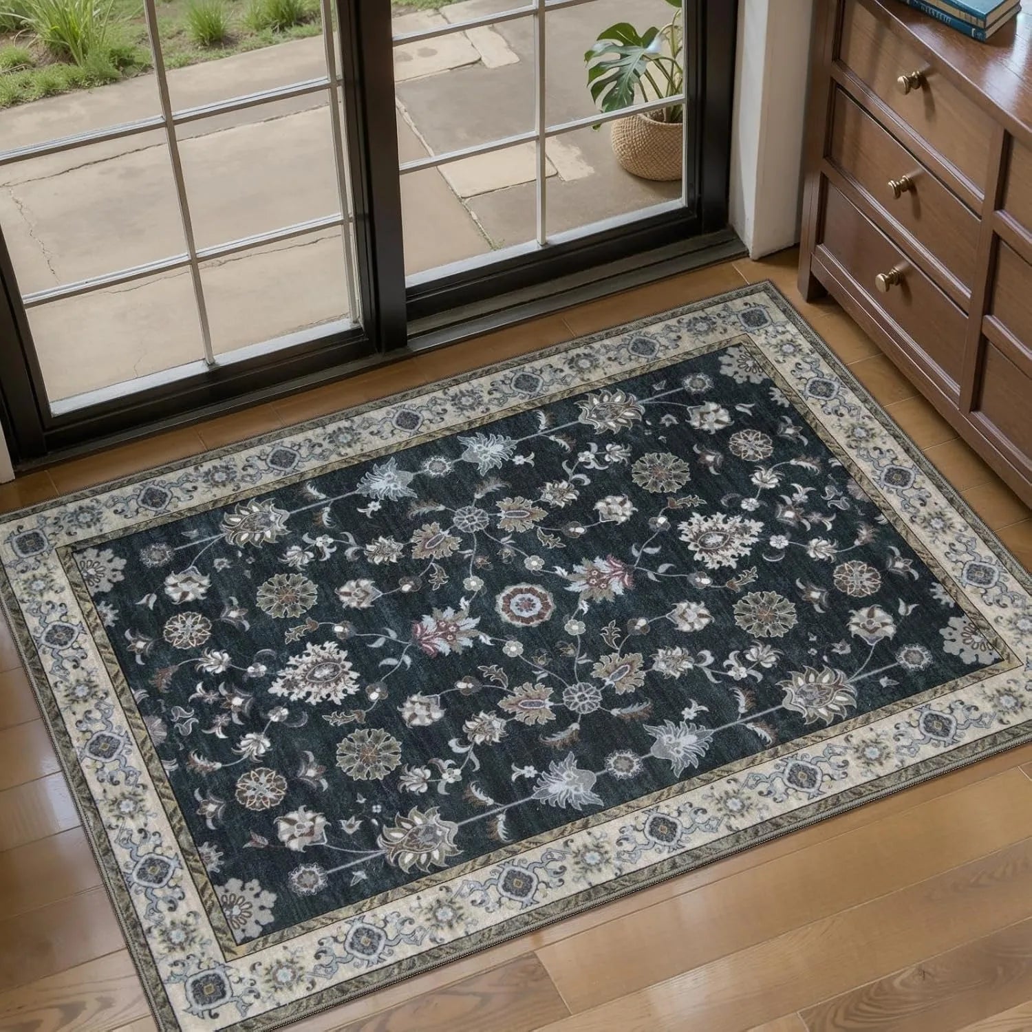 Tapete Vintage Estilo Persa Macio Antiderrapante para Decoração Interna e Externa Tapete de Entrada com Padrão Floral Geométrico