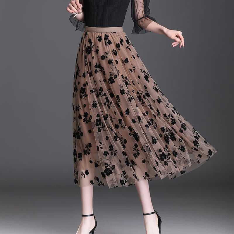 Mulheres coreanas saia de tule moda verão gancho floral solto midi saia elegante feminino casual todos os jogos saias de malha novo