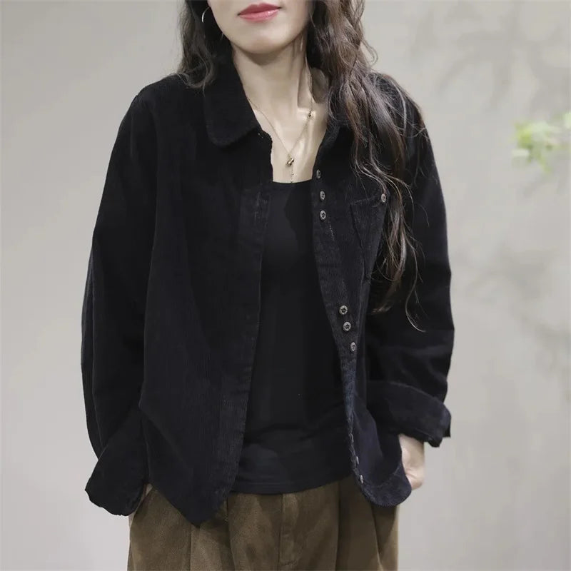 Camisa Feminina de Corduroy com Gola Lapela e Manga Longa, Estilo Cardigã Curto, Nova Coleção Primavera Outono 2026, Moda Artística e Casual